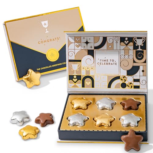 Congratulations Chocolate Gift Card Box | Gourmet Chocolate Gift Basket Alternative | Edible Greeting Card for Graduation, Promotion, New Job, Engagement | Luxury Gift for Men, Women, Coworkers | 9 Individually Wrapped Chocolates | Bonnie and Pop