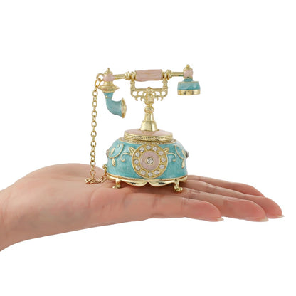 Retro Telephone Shape Trinket Boxes Hinged Hand-Painted Small Jewelry Box Enamel Wedding Favor Unique Gift for Women (Blue)