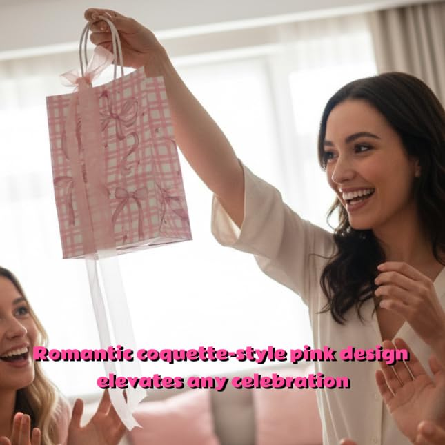 10 Pcs Pink Ribbon Bow Gift Bags with Handles, Gift Bags with Ribbons, 24 Envelopes, 2 Sticker Sheets & 1 Ribbon Roll for Coquette-Style Birthday Party Favors, Baby Shower, Wedding, Girls Tea Party, Cute Pink Goodie Bag Bulk for Treats and Gifts