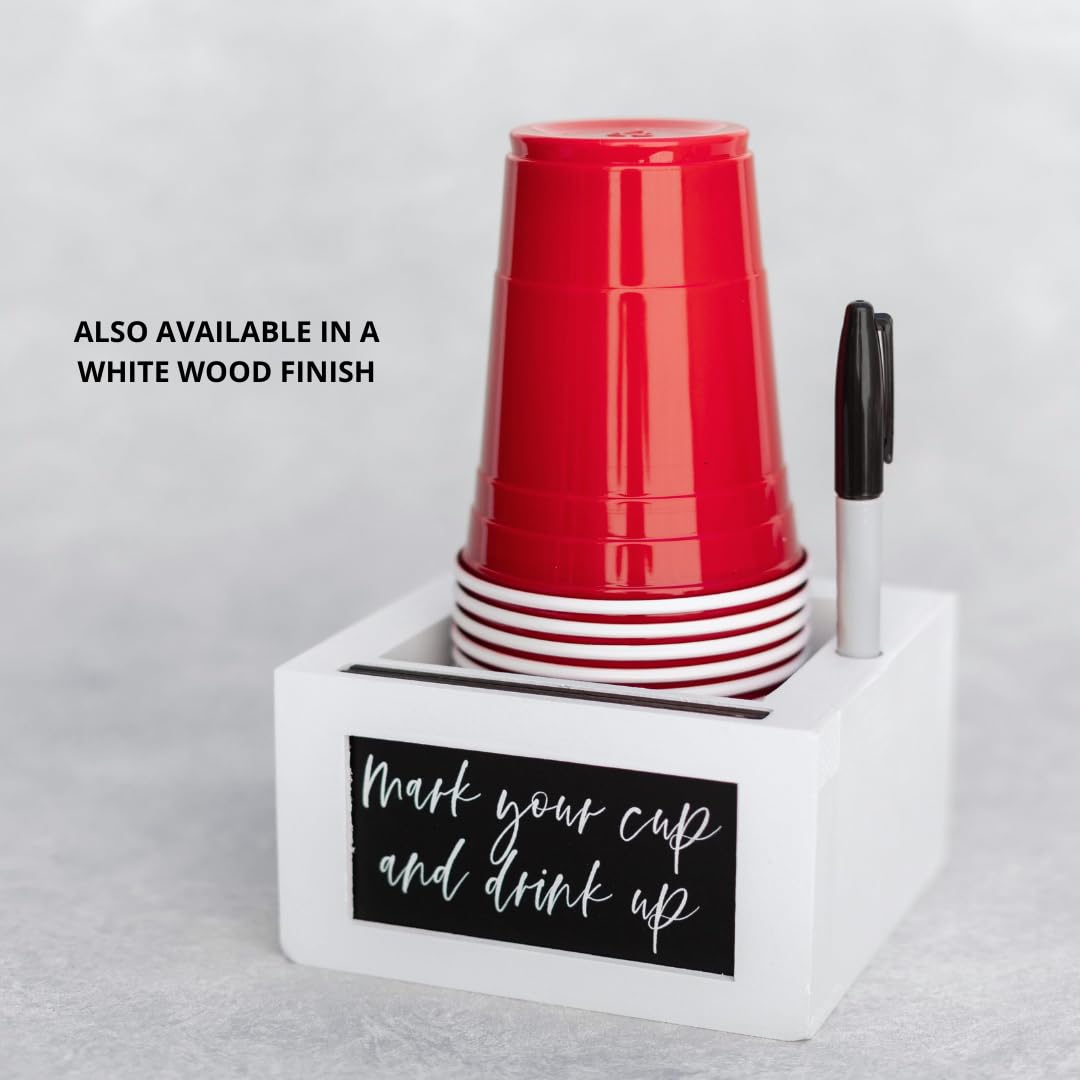 Rustic Party Cup Holder With Marker Slot- Drink Caddy With Interchangeable Signs- Mark Your Cup And Drink Up-Hosting Essentials Wood Cup Dispenser- Brunch Supplies- Disposable Cup Holder Hostess Gifts