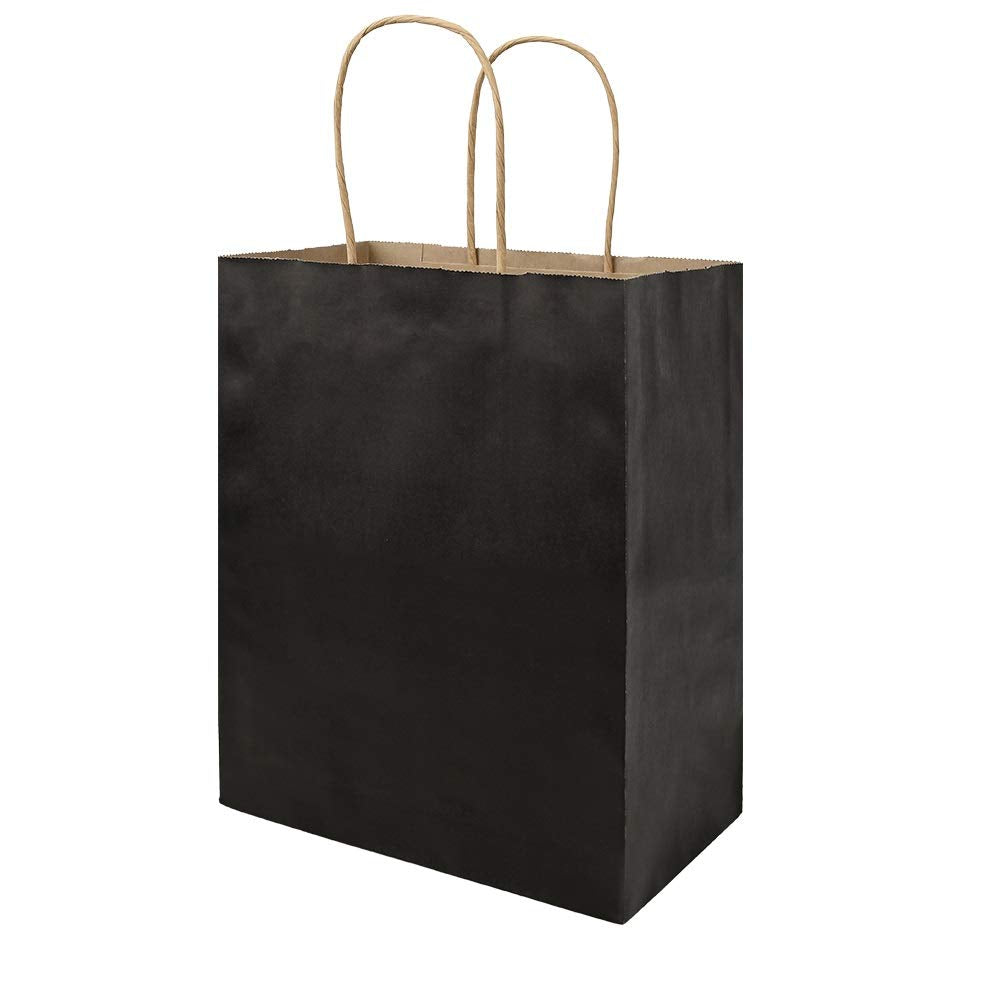 bagmad 100 Pack Medium 8x4.75x10 Inch Black Kraft Paper Bags with Handles Bulk, Gift Bags, Craft Grocery Shopping Retail Party Favors Wedding Business Sacks (Black, 100pcs)