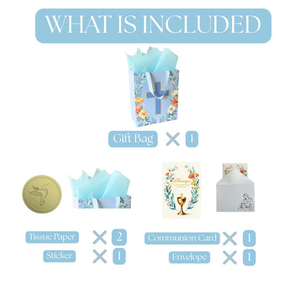 Noyi Traxd Large Blue Baptism Gift Bag - 10" x 5" x 11.8", with Cross Design, First Communion Card and Tissue Paper for Baby Boy Baptisms, Christenings and First Communions Religious Occasion