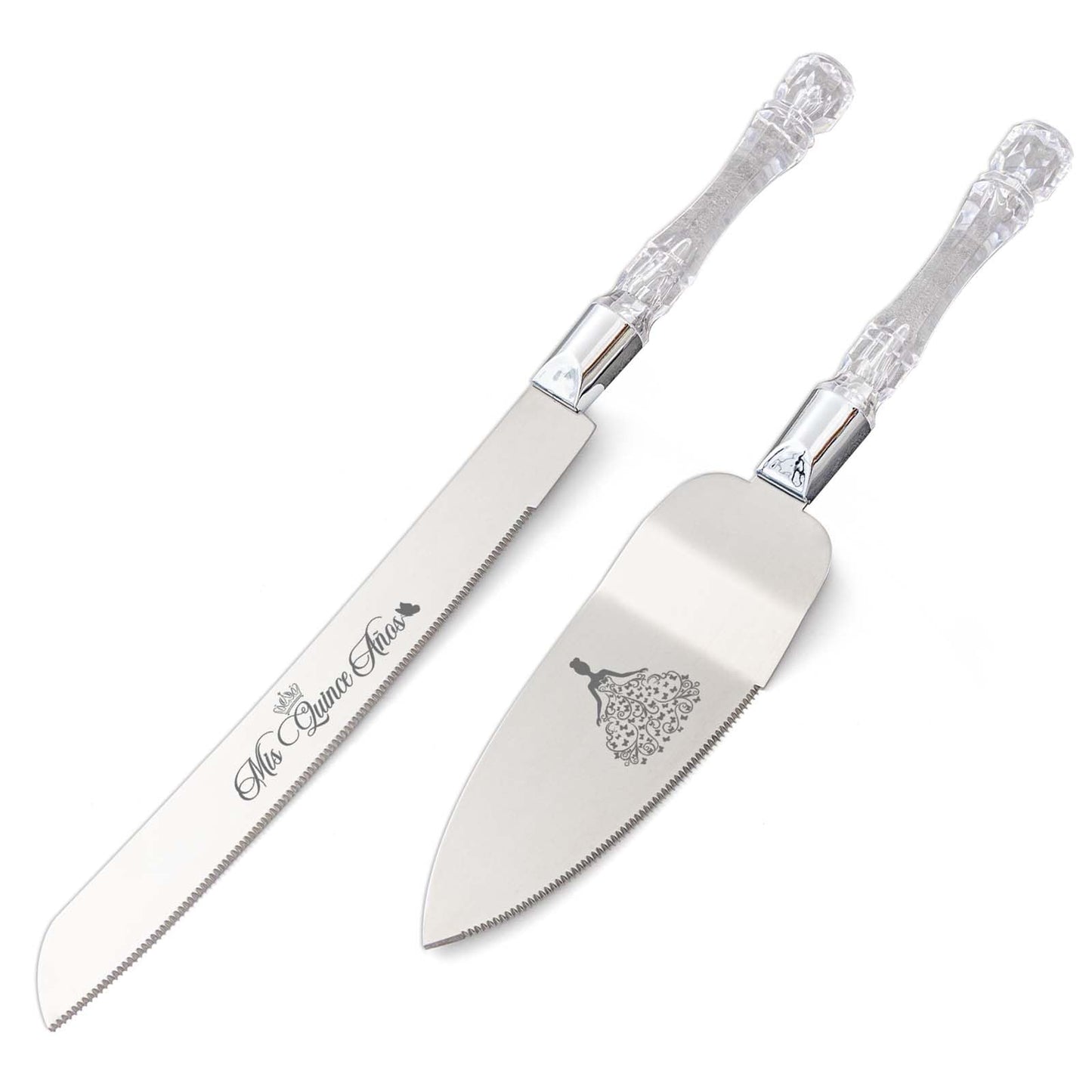 Mis Quince Años Quinceanera Cake Knife and Server Set - Sweet 15 Birthday Gifts for Girls, Feliz 15 Anos Party Decorations & Keepsake, Stainless Steel Cutting Set with Crystal Handles, Silver