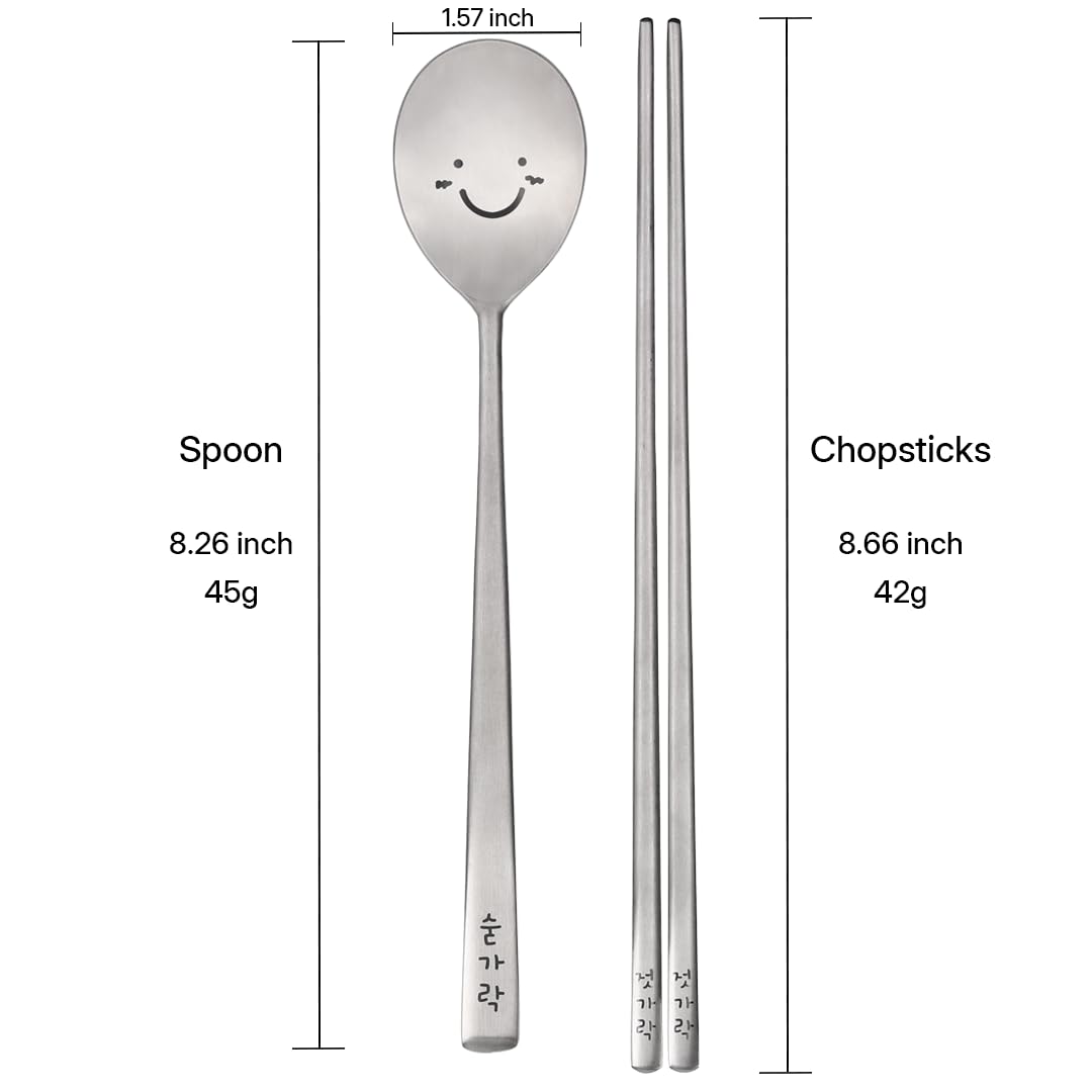 Korean Smiling Spoon and Chopsticks Set, Hangul Engraved Stainless Steel Tableware, Gift Ready Palace Inspired Box