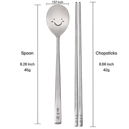 Korean Smiling Spoon and Chopsticks Set, Hangul Engraved Stainless Steel Tableware, Gift Ready Palace Inspired Box