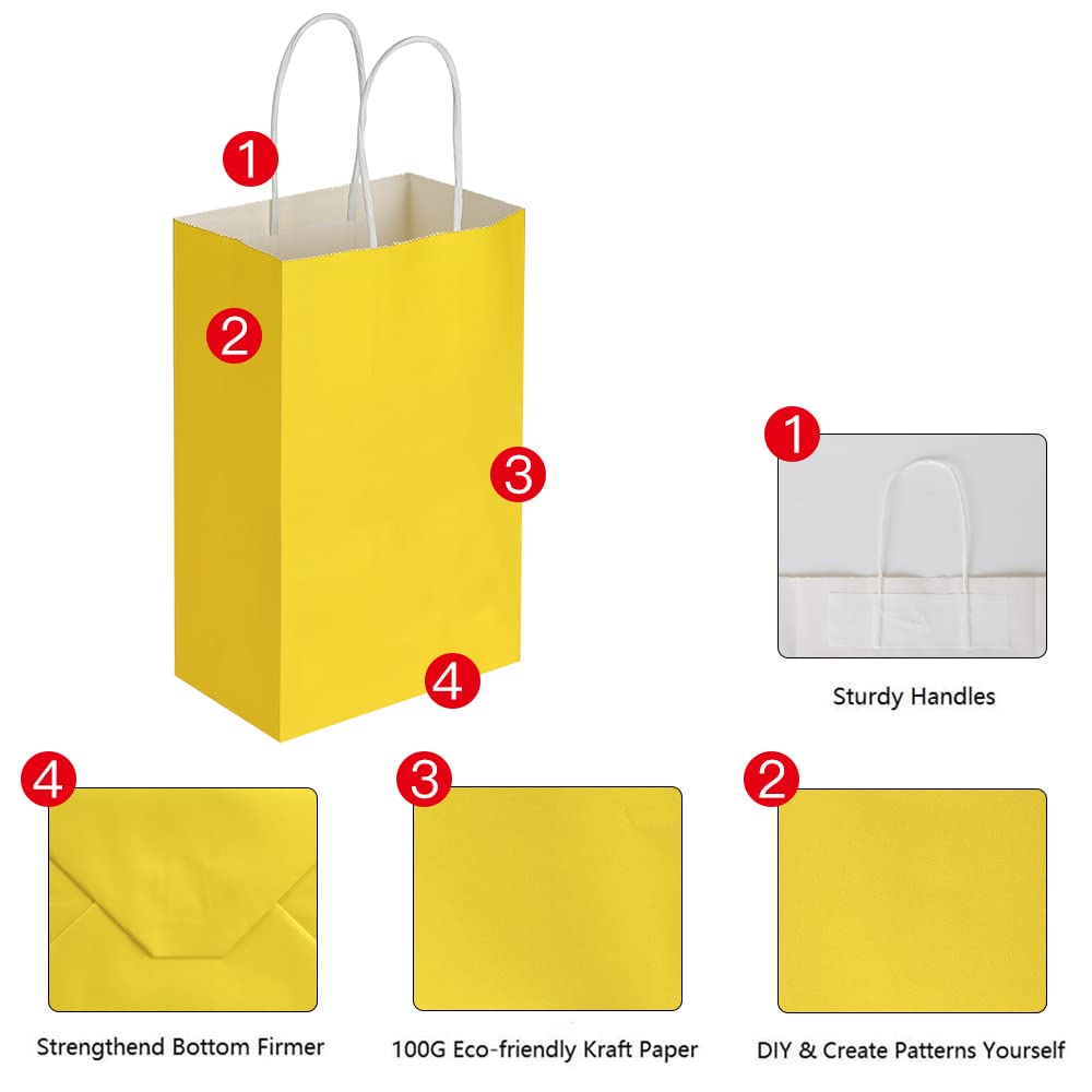 Oikss 100 Pack 5.25x3.25x8.25 Inch Small Yellow Kraft Paper Bags with Handles Bulk for Birthday Wedding Party Favors Grocery Retail Shopping Business Goody Craft Gift Bags Cub Sacks (100pcs Count)