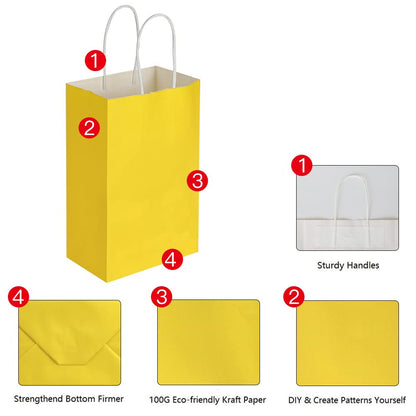 Oikss 100 Pack 5.25x3.25x8.25 Inch Small Yellow Kraft Paper Bags with Handles Bulk for Birthday Wedding Party Favors Grocery Retail Shopping Business Goody Craft Gift Bags Cub Sacks (100pcs Count)