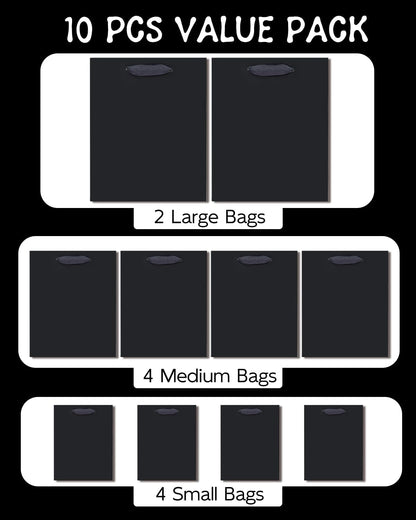 qiqee Black Gift Bags with Tissue Paper Mulit Assorted Sizes 10PCS Present Party Favor Birthday Bags(2pcs Large 13", 4pcs Medium 9", 4pcs Small 6" Bags,Tissue Paper)