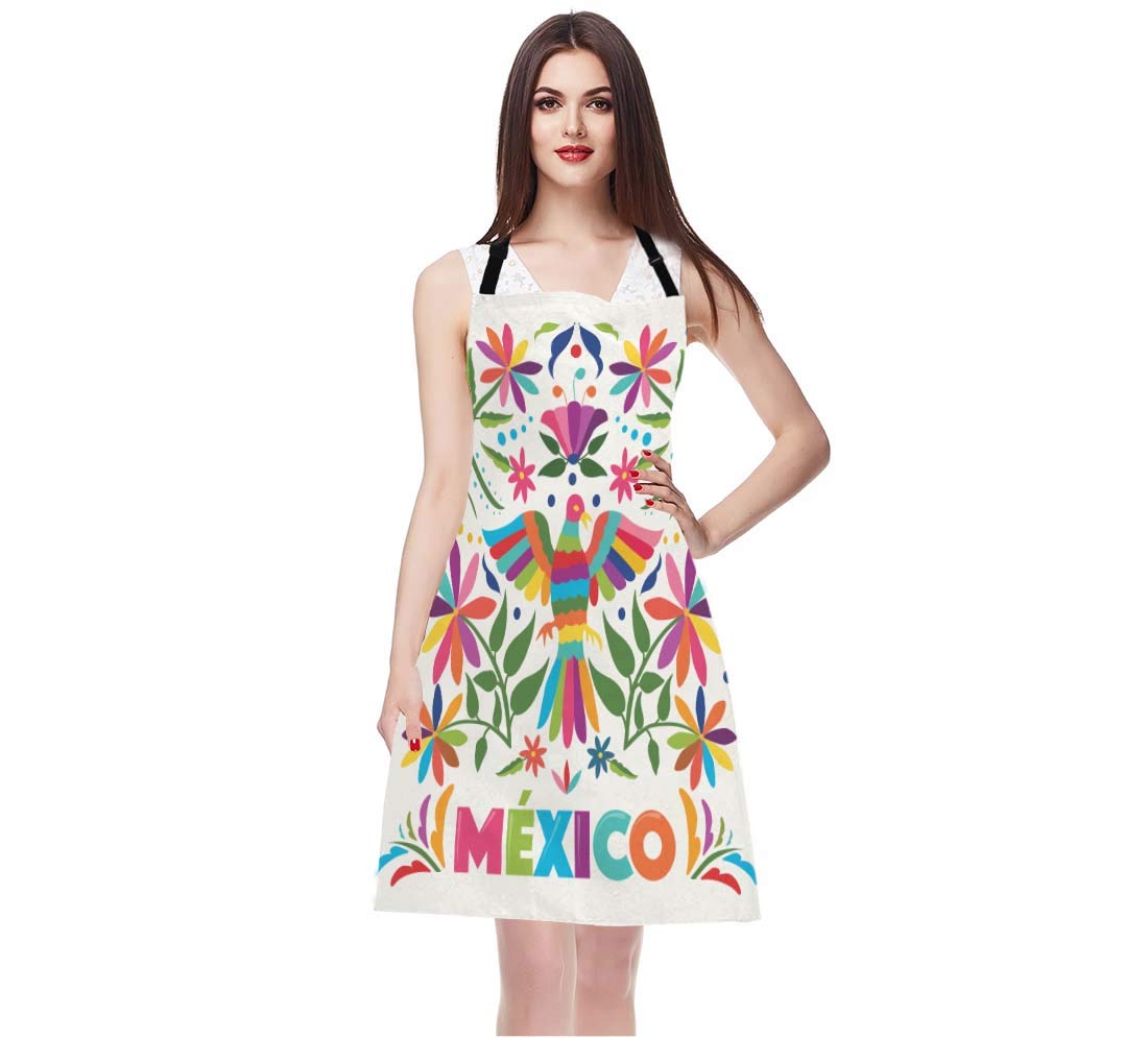 EKOBLA Birds Aprons Colorful Mexico Traditional Texture Vibrant Floral Pattern Leaves Waterproof Resistant Chef Cooking Kitchen BBQ Adjustable Aprons for Women Men 27x31 Inch