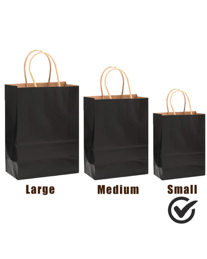 qiqee 50-Packs Black Paper Gift Bags with Handles Bulk 8.3"x3"x 6" Small Size Paper Bags Multiple Uses(Small Size)