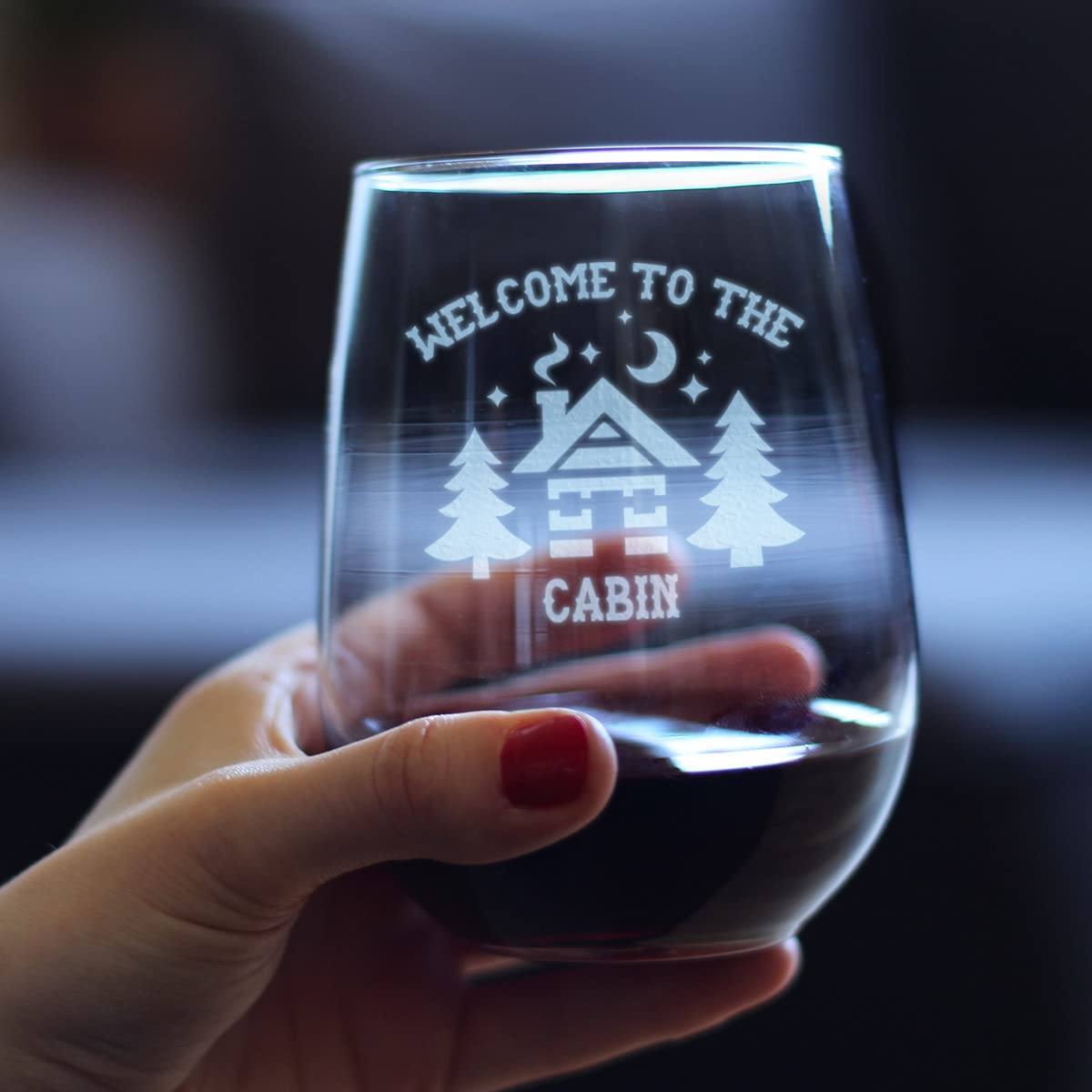 Bevvee Welcome To The Cabin - Stemless Wine Glass - Rustic Themed Gifts and Cabin Decor - Large 17 Ounce
