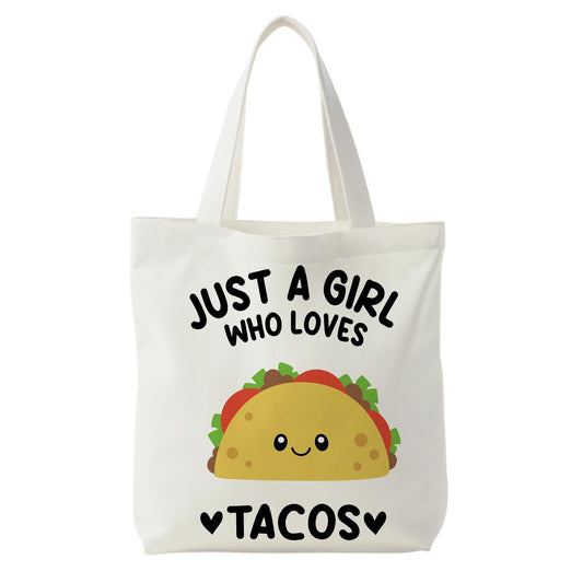 KEUSPI Mexican Taco Gifts Tote Bag for Women, Mexican Gifts Canvas Tote Bag, Gift for Taco Lovers, Just a Girl Who Loves Tacos Reusable Shopping Grocery Bags