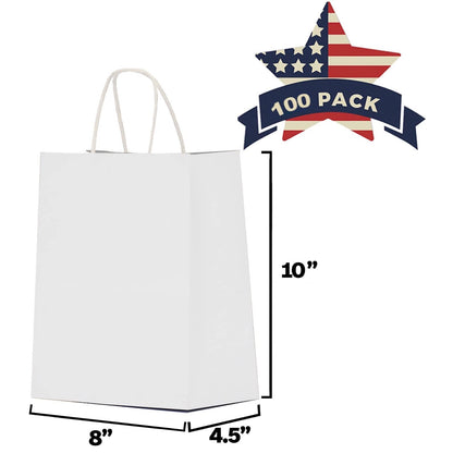Qutuus White Paper Bags with Handles Bulk 100Pcs 8x4.5x10 White Gift Bags, Recyclable Kraft Paper Bags, Medium Paper Gift Bags for Shopping, Party Favor, Retail, Wedding