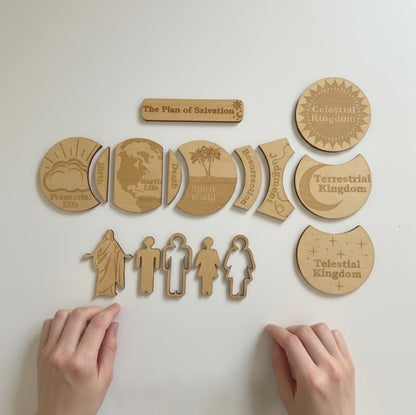 The Plan of Salvation Wooden Teaching Kit for LDS – Wooden Discs with Figures & Storage Box, CTR “Choose the Right” Missionary Gift, Baptism Gift, Family Home Evening & Classroom Tool