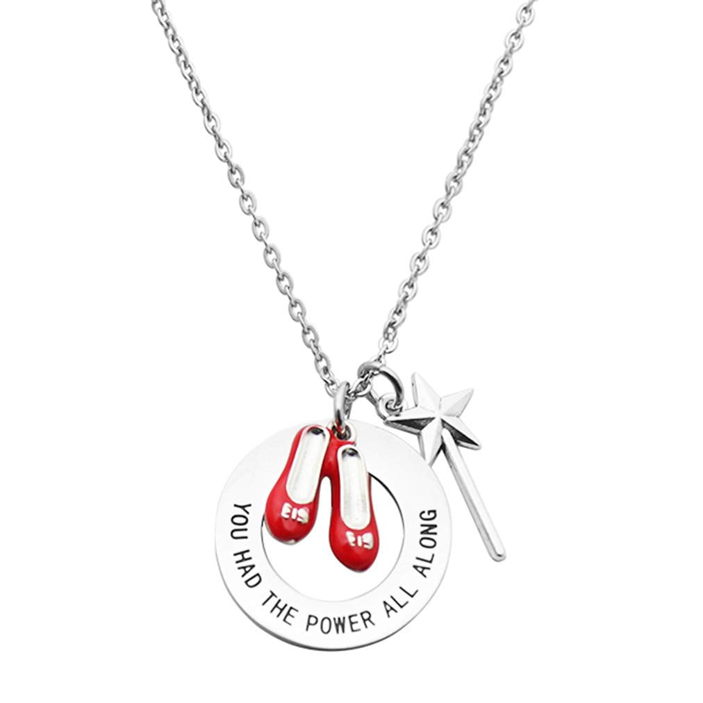 Beeshion Wizard of Oz Necklace Stainless Steel Charm with Ruby Red Slippers Pendant Necklace Inspirational Gift for Her