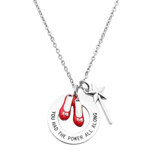 Beeshion Wizard of Oz Necklace Stainless Steel Charm with Ruby Red Slippers Pendant Necklace Inspirational Gift for Her