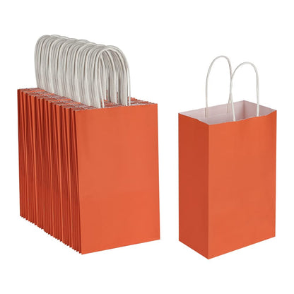 Oikss 100 Pack 5.25x3.25x8.25 Inch Small Orange Kraft Paper Bags with Handles Bulk for Birthday Wedding Party Favors Grocery Retail Shopping Business Goody Craft Gift Bags Cub Sacks (100pcs Count)