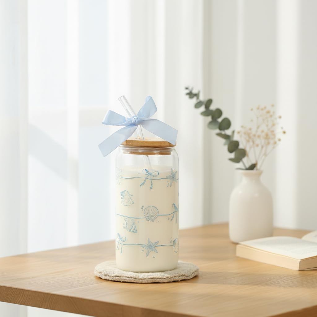 Ocean Animals Glass Cup with Lid and Straw, 16oz Iced Coffee Cup Tumbler Beach Gifts for Women Teen Girls Valentines Gifts for Mom Wife Sister Friends Colleagues Beach Lovers