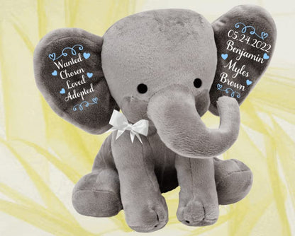 Adoption Gift - Wanted, Chosen, Loved, Adopted - Personalized- Adoption Celebration Plush Elephant Adoption Keepsake - Gotcha Gift