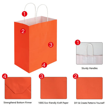Oikss 50 Pack 8x4.75x10 Inch Medium Orange Kraft Paper Bags with Handles Bulk for Birthday Wedding Party Favors Grocery Retail Shopping Takeout Business Goody Craft Gift Bags Sacks, (50pcs Count)