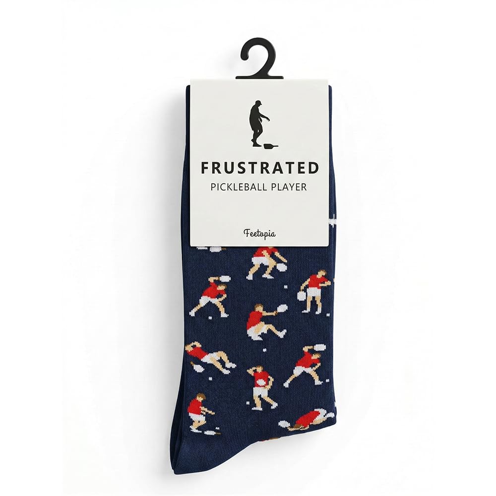 Socks with Frustrated Tennis/Pickleball Player/Drinker Design, Novelty Cotton Screw Socks for Men, Size 8-13