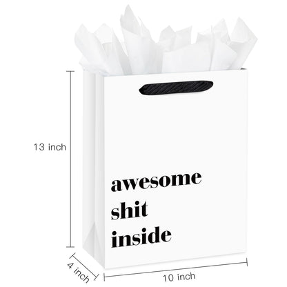 Loveinside 13" Large Funny Gift Bag, Minimalist White Awesome Sh*t Inside Bold Design with Tissue Paper & Card, Adult Humor Gift Bag for Friends, Coworkers, Birthday, Party, 10" x 5" x 13", 1 Pcs