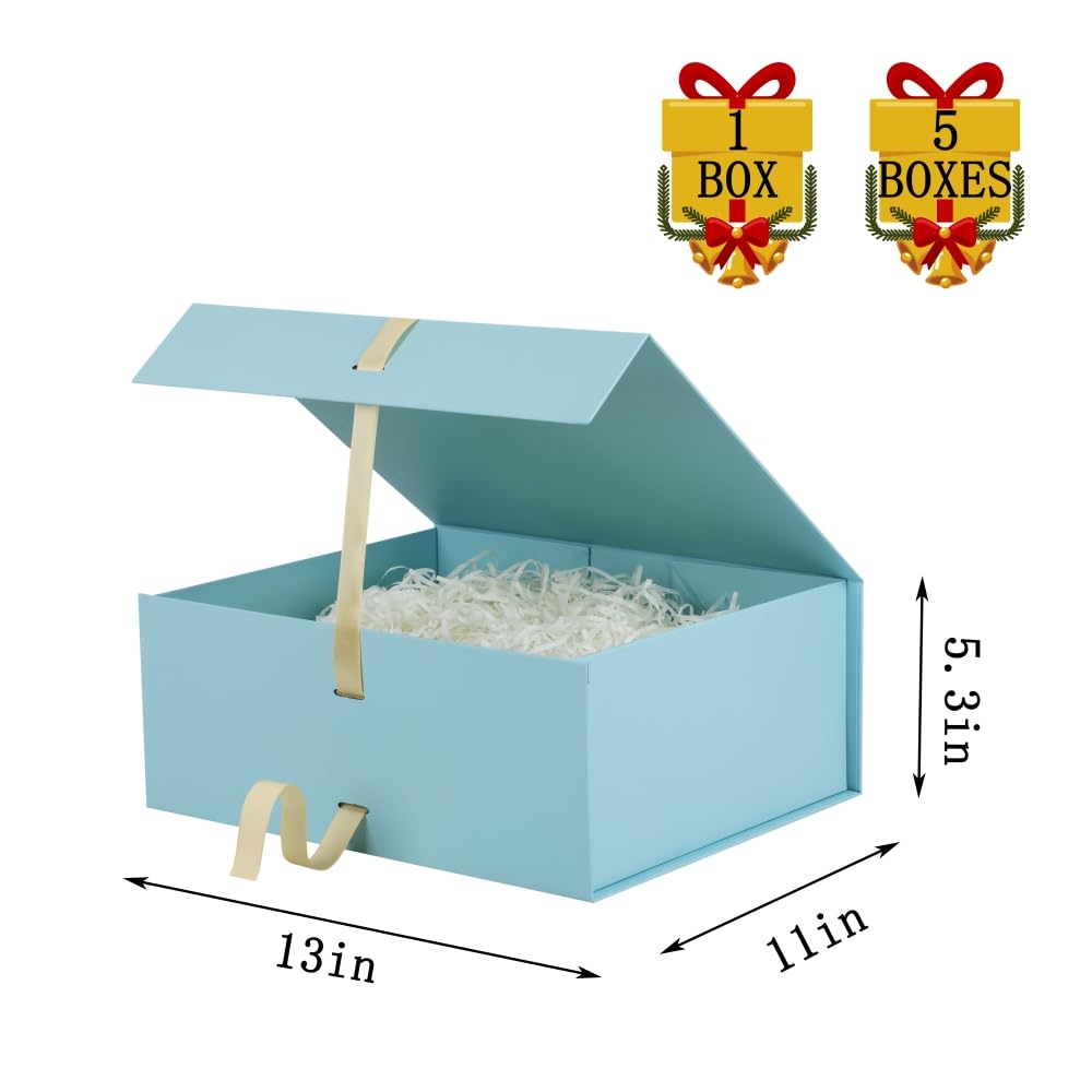 Large Blue Gift Box with Ribbon 1 Pack 13X11X5.3 Inch Large Gift Box with Lid Magnetic Closure Rectangle Collapsible Luxury Box for Wedding Gifts Crinkle Cut Paper Shred with Card
