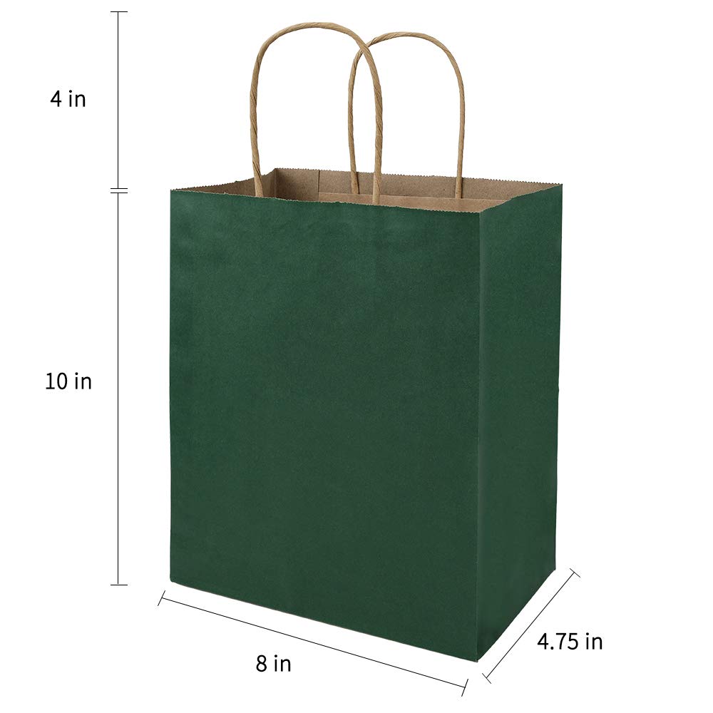 bagmad 50 Pack 8x4.75x10 Inch Medium Green Gift Paper Bags with Handles Bulk, Kraft Bags, Craft Grocery Shopping Retail Party Favors Wedding Business Sacks (Dark Green, 50pcs)