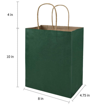 bagmad 50 Pack 8x4.75x10 Inch Medium Green Gift Paper Bags with Handles Bulk, Kraft Bags, Craft Grocery Shopping Retail Party Favors Wedding Business Sacks (Dark Green, 50pcs)