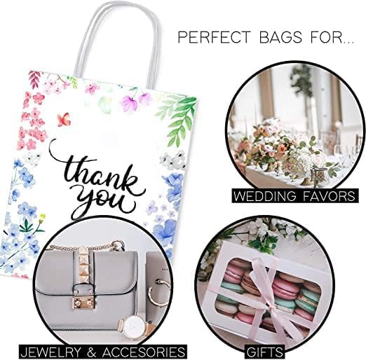 Purple Q Crafts Thank You Gift Bags 50 Pack 8" X 4" X 10" Small Paper Bags With Handles Floral Design Thank You Bags For Business, Boutique, Gifts, Wedding Favors…