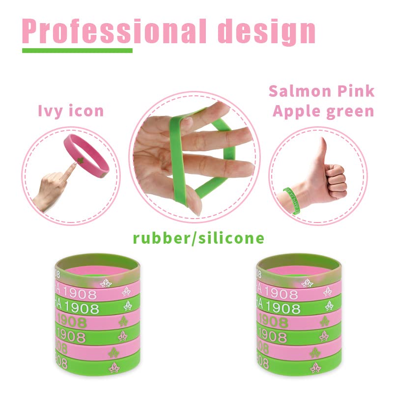 56 Pieces AKA Bracelet - AKA Sorority Gifts For Women - AKA Gadgets For Alpha Kappa Alpha - AKA Silicone Bracelet Charms Paraphernalia Wristbands - Salmon Pink And Apple Green