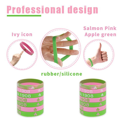 56 Pieces AKA Bracelet - AKA Sorority Gifts For Women - AKA Gadgets For Alpha Kappa Alpha - AKA Silicone Bracelet Charms Paraphernalia Wristbands - Salmon Pink And Apple Green
