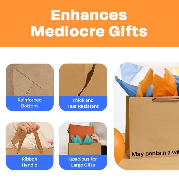 MilkToast Brands Funny Gift Bag, 16" x 6" x 12" Size, May Contain a Wild Raccoon, Large Kraft Paper Bag with Sarcastic Phrases, Funny Gift Bag for Mother's Day, Father's Day, Birthdays, Graduation