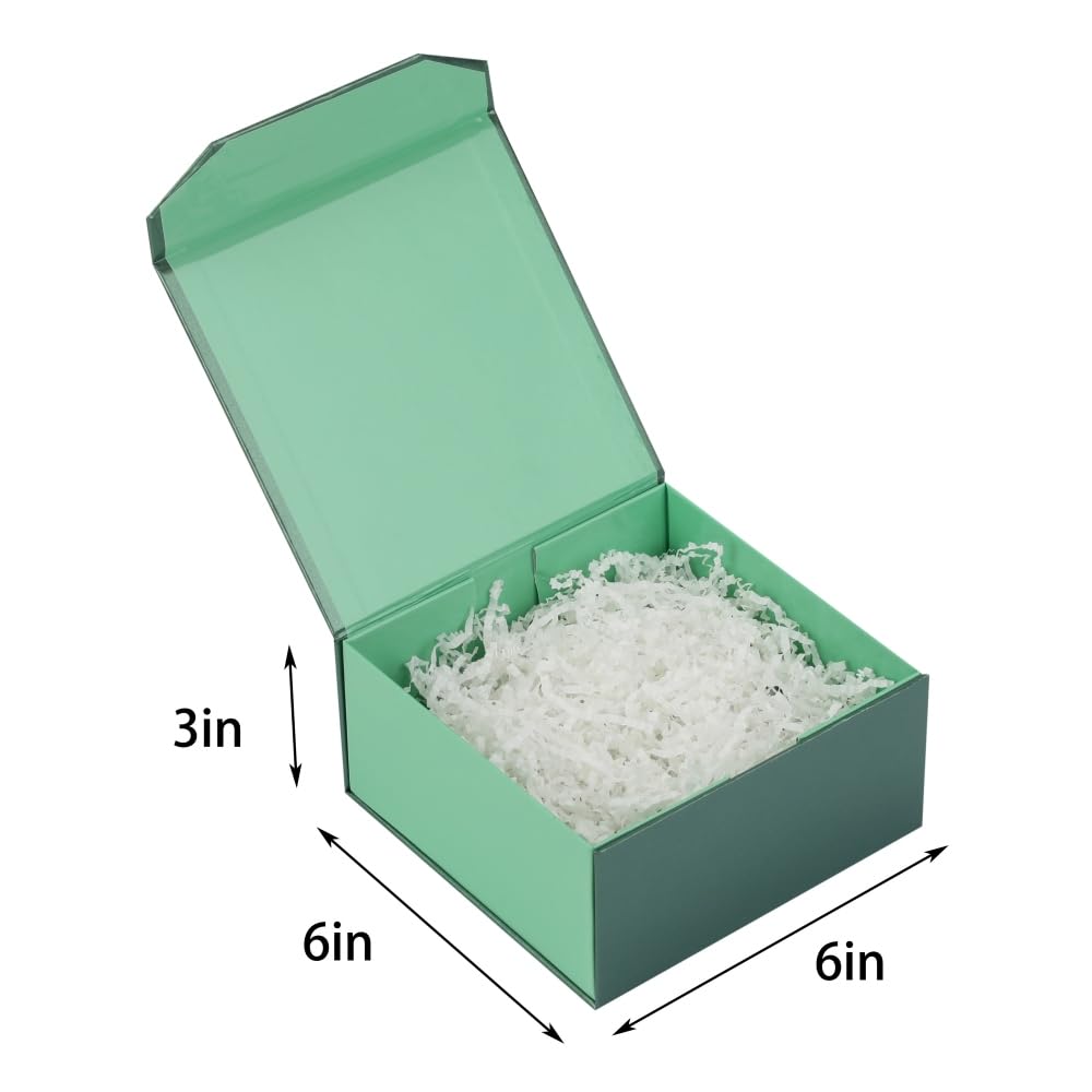 1 Pcs 6x6x3 Inch Green Magnetic Gift Box Small Magnetic Box with Crinkle Paper Green Small Gift Box with Shredded Paper Luxury Gift Boxes with Lids for Presents