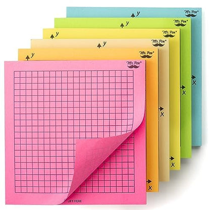 Mr. Pen- Graph Sticky Notes, 3x3 Inch, 6 Pads, 50 Sheets/Pad, 300 Sheets, 6 Grid Designs, Bright Colors, Square Graph Paper Notes, Grid Sticky Note Pads for Math, Study, Journals, Planners