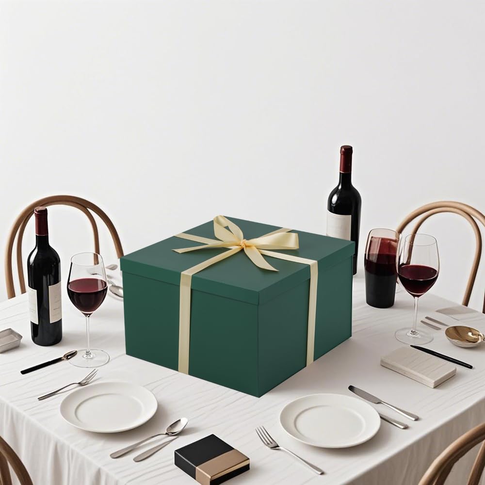 UoeRing 1Pcs Green Extra Large gift box with lids 13×13×7 Inches gift boxes for presents,Birthday Box (include Ribbon, Paper Shred Filler Gift Card & Envelopes)