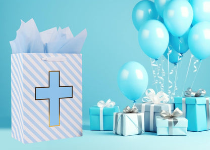Lyforpyton13"Blue Cross Baptismal Gift Bag with Tissue Paper and Card, Suitable for Baptism, First Communion in Religion
