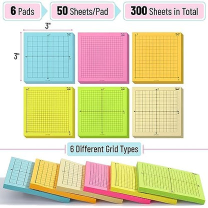Mr. Pen- Graph Sticky Notes, 3x3 Inch, 6 Pads, 50 Sheets/Pad, 300 Sheets, 6 Grid Designs, Bright Colors, Square Graph Paper Notes, Grid Sticky Note Pads for Math, Study, Journals, Planners