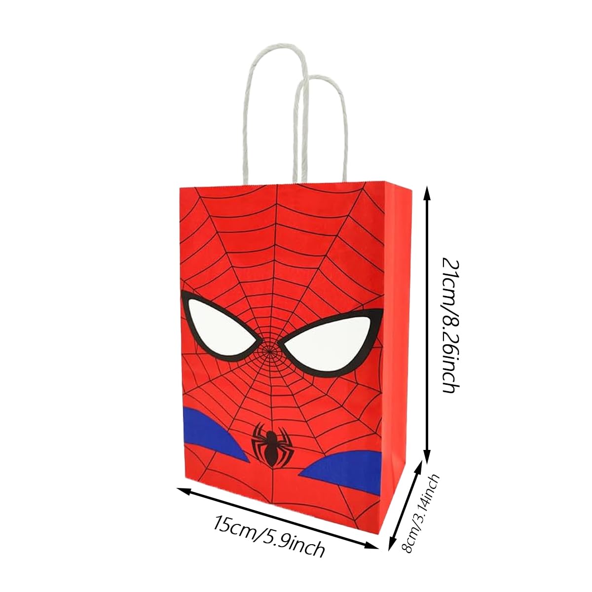 12 PCS of spidey-themed party gift bags. Made of kraft paper and equipped with handles, they are perfect for holding candies, snacks, etc. They are suitable for various festivals and birthday parties.