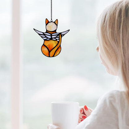 Cat Angel Memorial Statue, Stained Glass Window Hanging Decorations, Loss of Cat Sympathy Gift, Pet Memorial Sympathy Gifts Decoration, Miniature Hanging Ornament