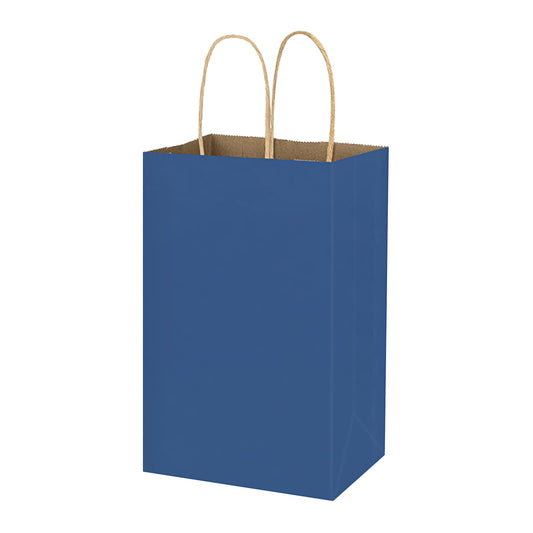 bagmad 100 Pack 5.25x3.25x8 Inch Small Blue Kraft Paper Bags with Handles Bulk, Gift Bags, Craft Grocery Shopping Retail Party Favors Wedding Sacks (Blue, 100pcs)