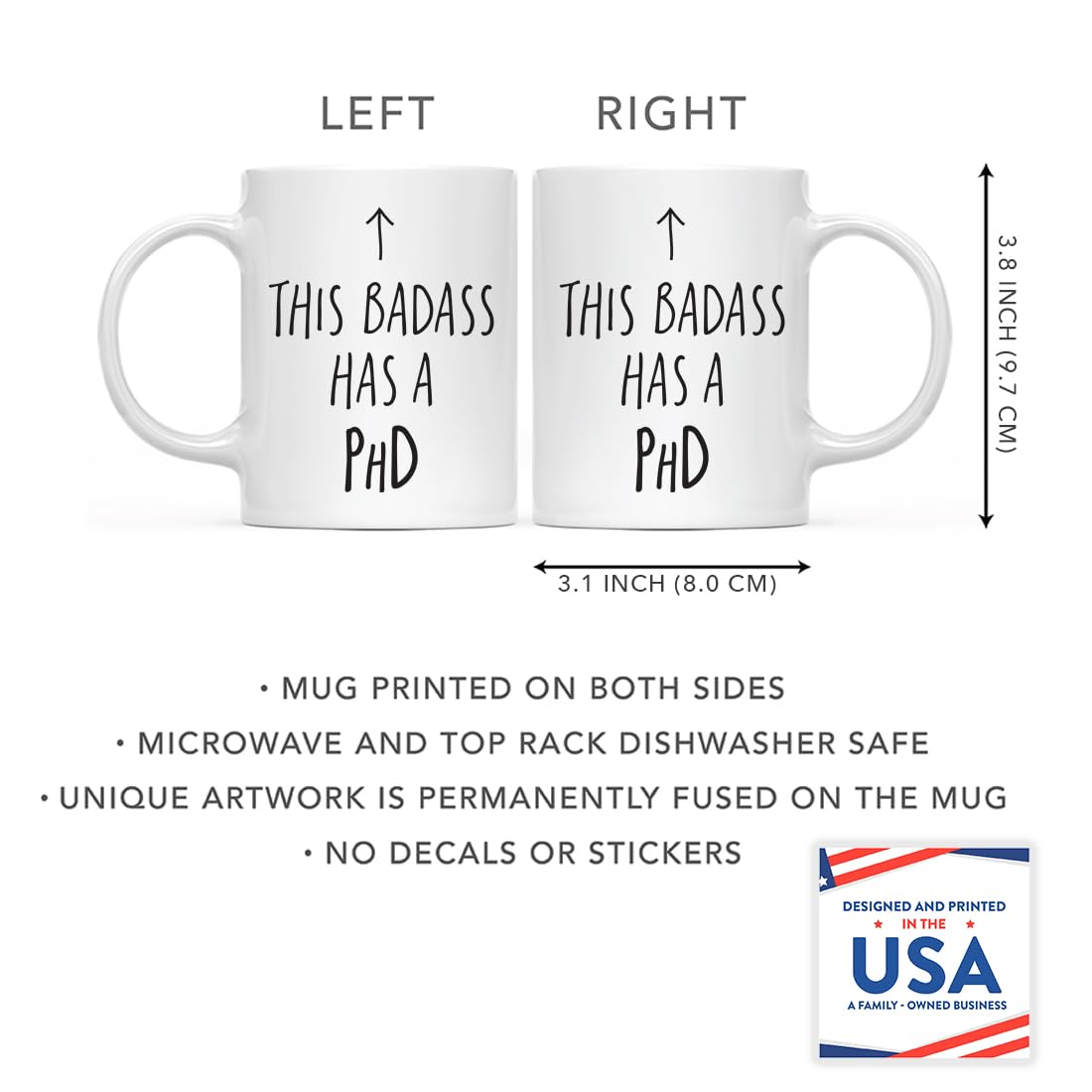 Andaz Press 11oz. PhD Graduation Coffee Mug Gift, This Badass Has A PhD, Arrow Graphic, 1-Pack, Includes Gift Box, Cups For Graduate School Students Of Class Of 2026, Grad Diploma PhD Mug