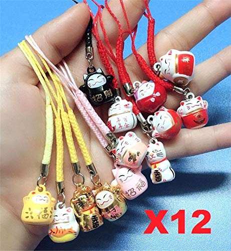 EatingBiting 12PCS Random Fortune Lucky Japanese Beckoning Cat Maneki Neko Keyring Keychain Key Rings, Fengshui Fortune Lucky Cat Kitty Key Chains Keyrings Keychain good health mascot Avoid evil