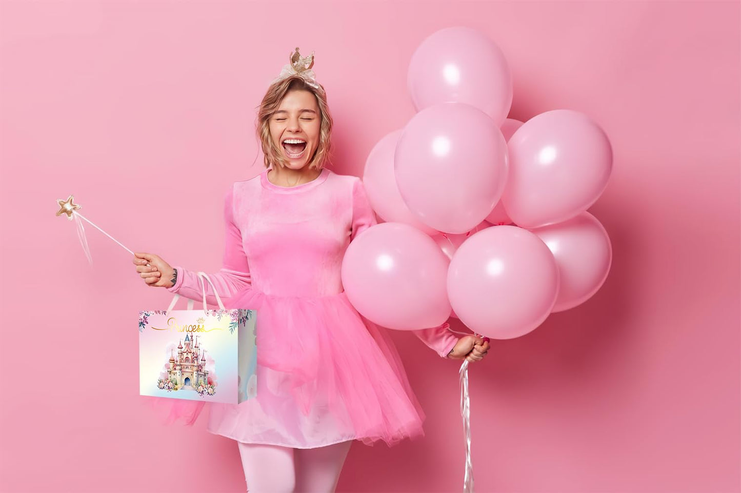 Ranfashiong 13" Large Pink Castle Birthday Gift Bag with Tissue Paper for Party Favor for Baby Shower, Girl, Princess Wrapping