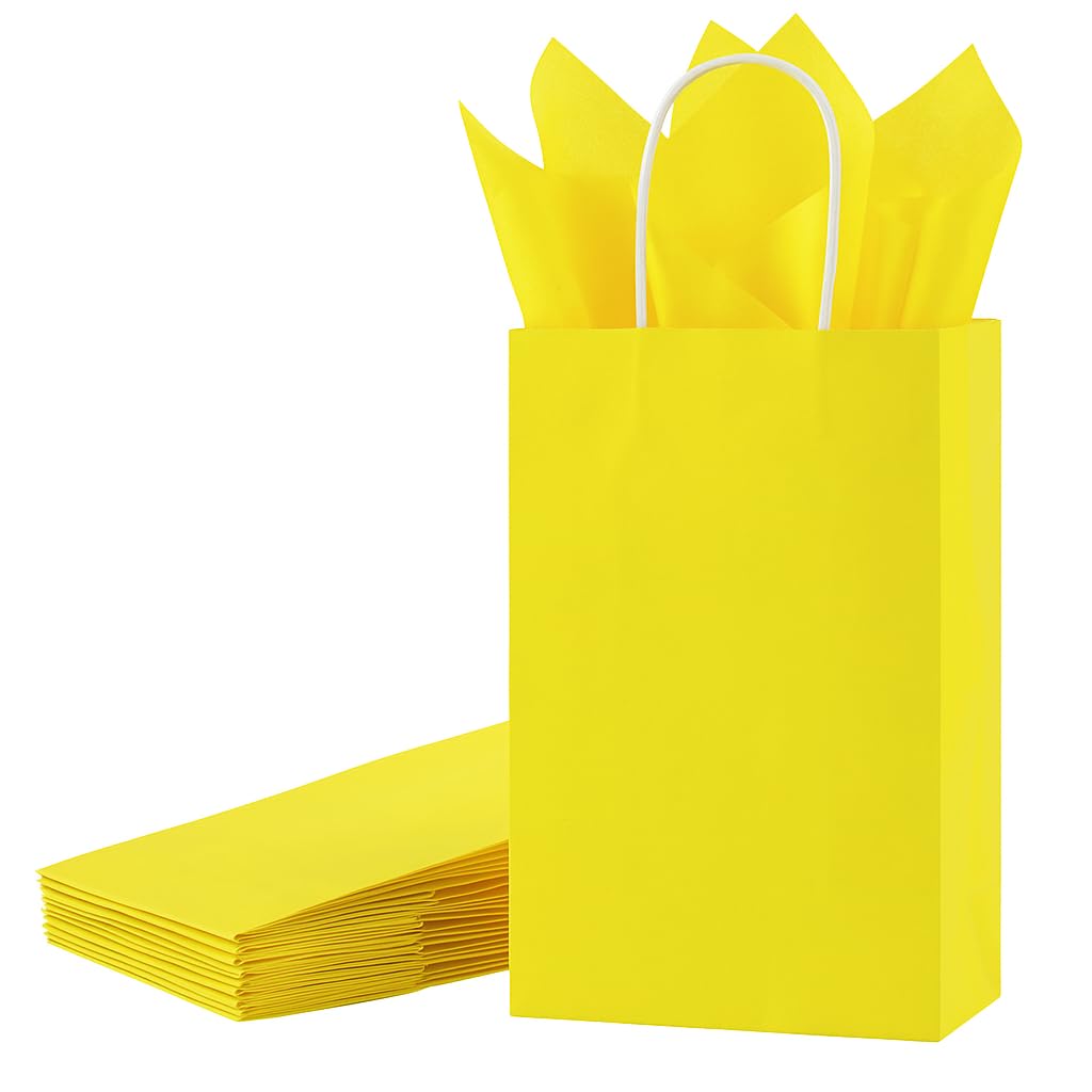 SUNCOLOR 24-Pack Yellow Paper Gift Bags with Handles, 7.9x5.12x3.15 Inches,Small Kraft Paper Bags, Includes Tissue Paper for Parties, Birthdays, Easter, Baby Showers