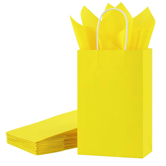 SUNCOLOR 24-Pack Yellow Paper Gift Bags with Handles, 7.9x5.12x3.15 Inches,Small Kraft Paper Bags, Includes Tissue Paper for Parties, Birthdays, Easter, Baby Showers