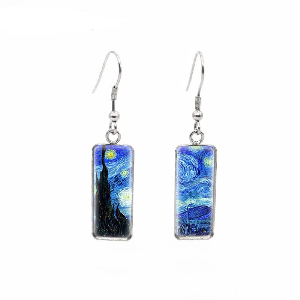 Rectangle Vincent Van Gogh classic Artistic painting Starry Sky ，Sunflower， the yell， with irises, stars over the Rhone, fields, apricot flowers, self-portraits Drop Dangle Earrings Abstract Art Trendy Glass Earrings for Women Charm Jewelry...
