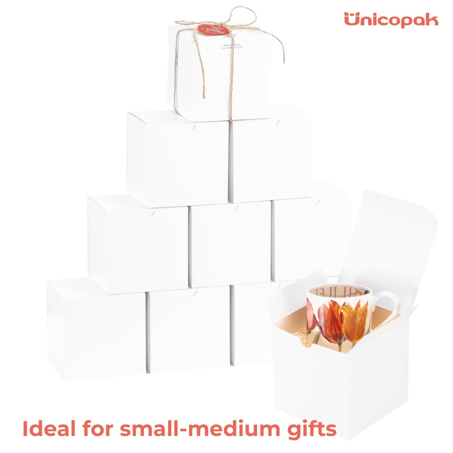UnicoPak 10 Pack 5x5x5 Gift Boxes, Sturdy Small White Gift Boxes for Presents, Ornaments, Candles, Mugs, Easy Pop-up Assembly, Ideal for Birthday Christmas Party Business