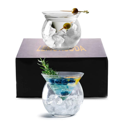 LEMONSODA Stemless Martini Glasses with Chiller - Elegant Cocktail Glass Set with Caviar Server Bowl - Beautiful Bar Martini Gift Set for Margarita, Cosmopolitan, Manhattan Cocktails (Set of 2)
