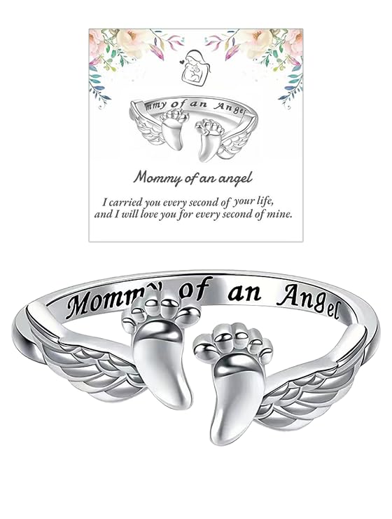 Miscarriage Gifts for Mothers Loss of Pregnancy Rings, Mommy of an Angel Wing Ring,Silver Mom Feather Rings Mother's Day Gifts